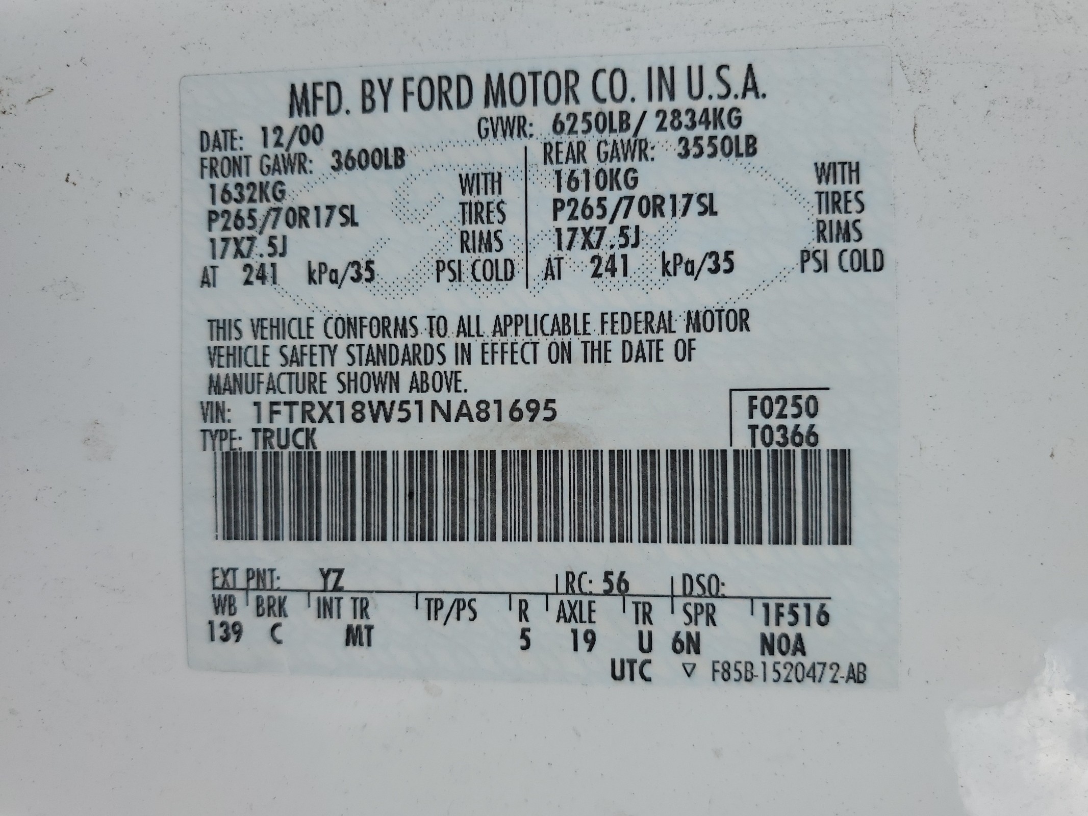 1FTRX18W51NA81695 2001 Ford F150