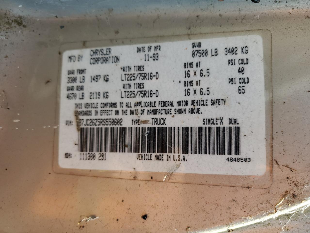 1994 Dodge Ram 2500 VIN: 1B7JC26Z5RS550602 Lot: 65866354