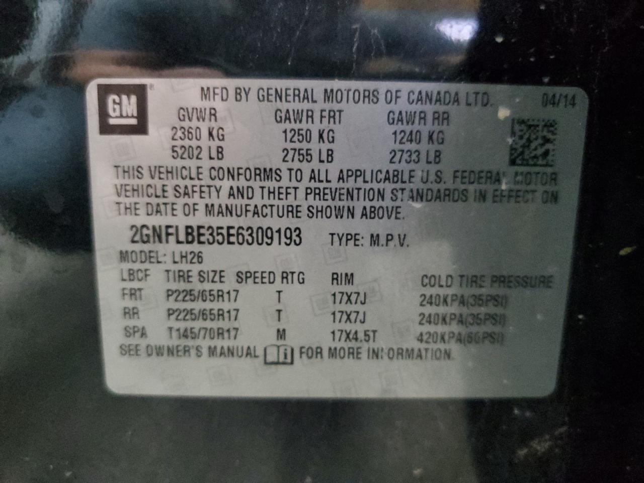 2GNFLBE35E6309193 2014 Chevrolet Equinox Lt