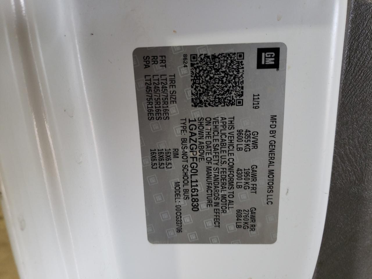 2020 Chevrolet Express G3500 Lt VIN: 1GAZGPFG0L1161830 Lot: 65884334