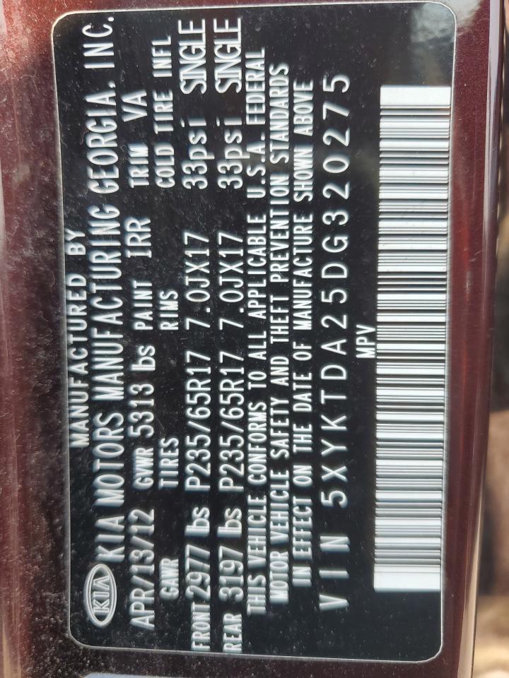 2013 Kia Sorento Lx VIN: 5XYKTDA25DG320275 Lot: 67636474