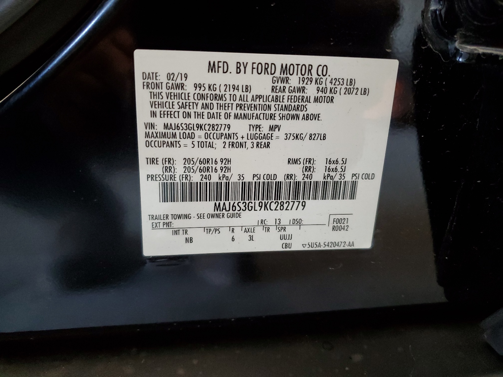 MAJ6S3GL9KC282779 2019 Ford Ecosport Se