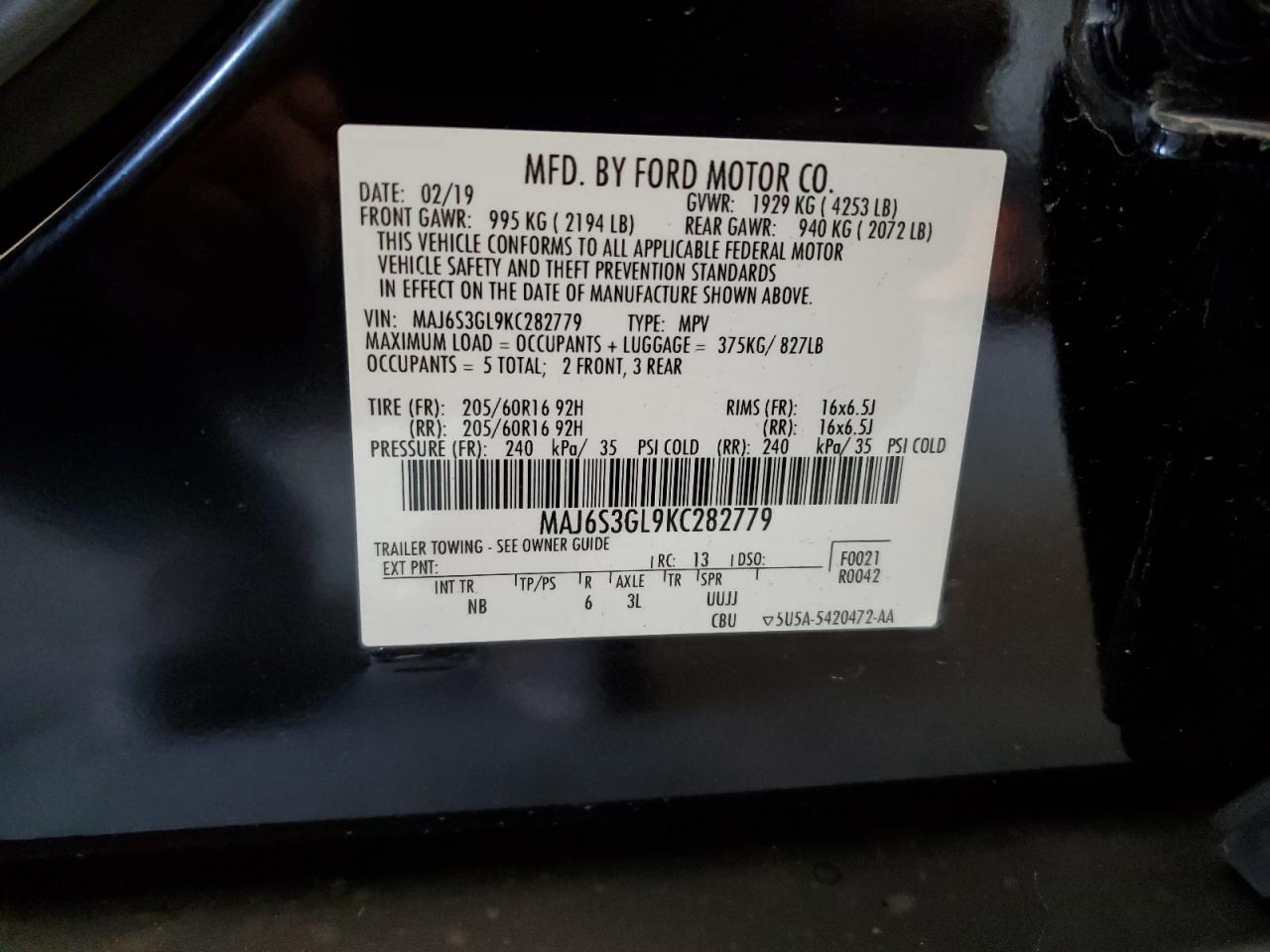 2019 Ford Ecosport Se VIN: MAJ6S3GL9KC282779 Lot: 65764094