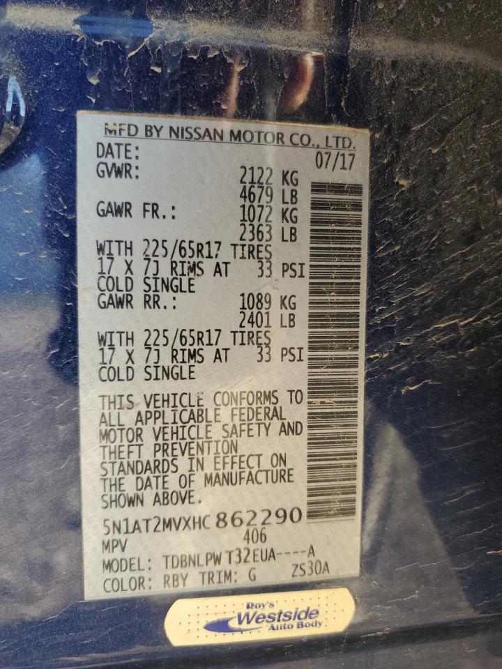 2017 Nissan Rogue Sv VIN: 5N1AT2MVXHC862290 Lot: 62898214