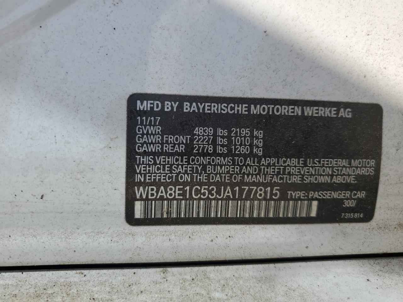 WBA8E1C53JA177815 2018 BMW 330E