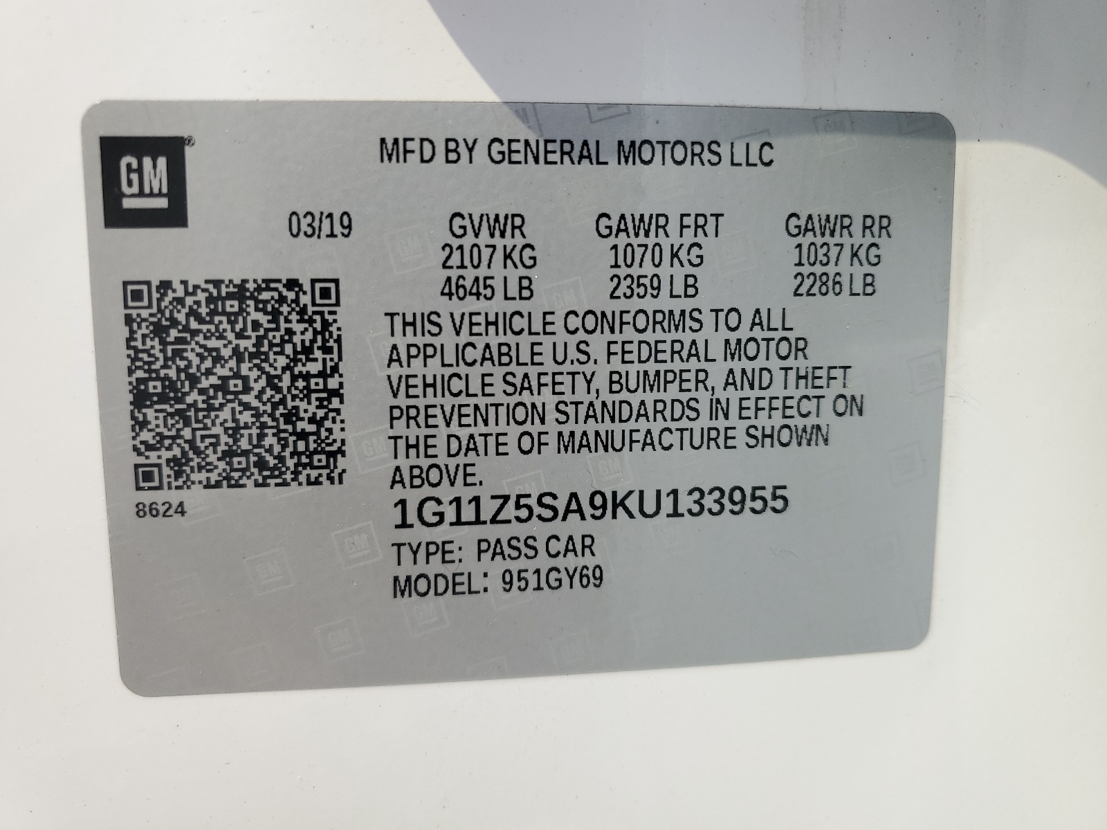 1G11Z5SA9KU133955 2019 Chevrolet Impala Lt