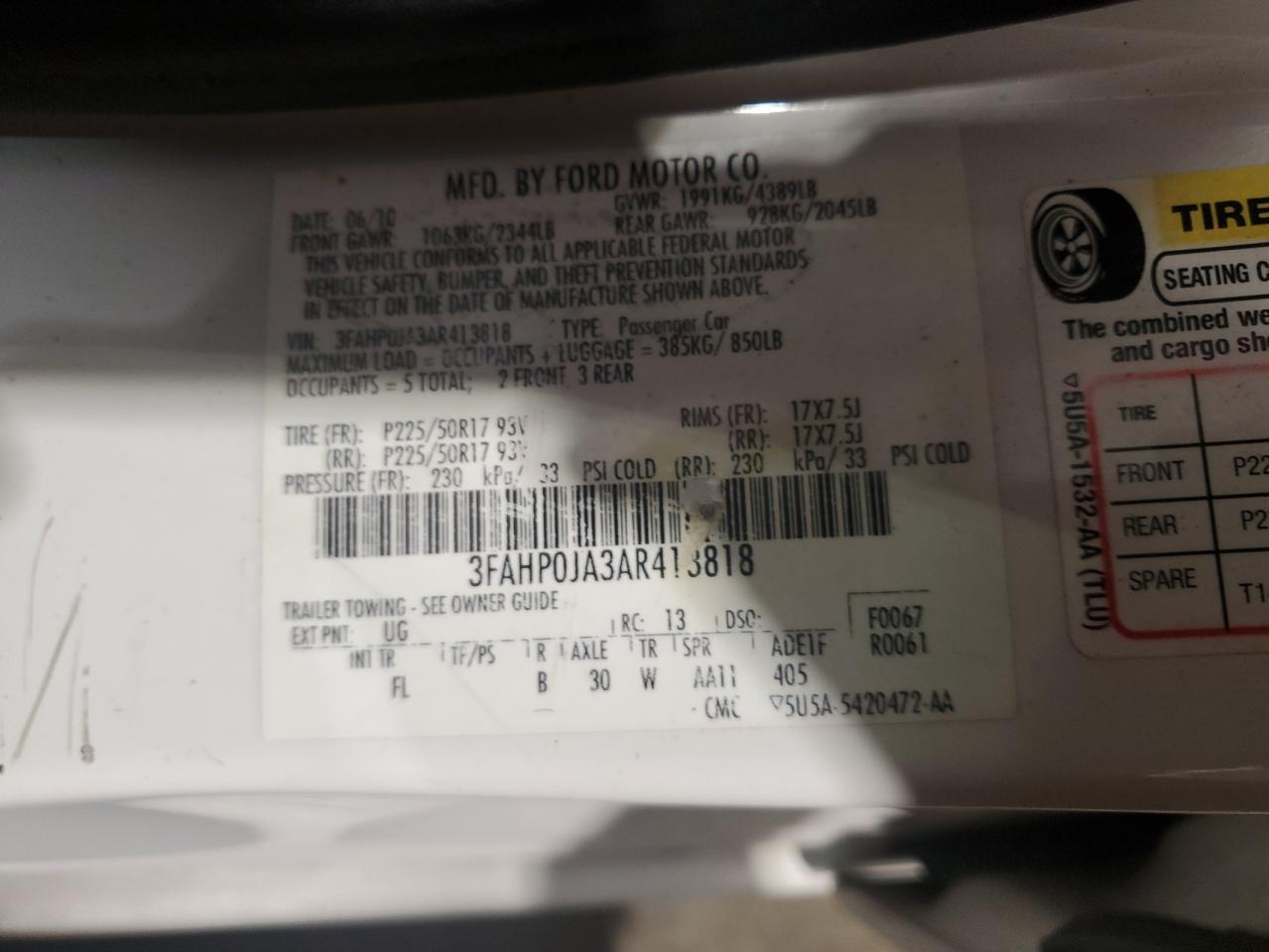 2010 Ford Fusion Sel VIN: 3FAHP0JA3AR413818 Lot: 66356784