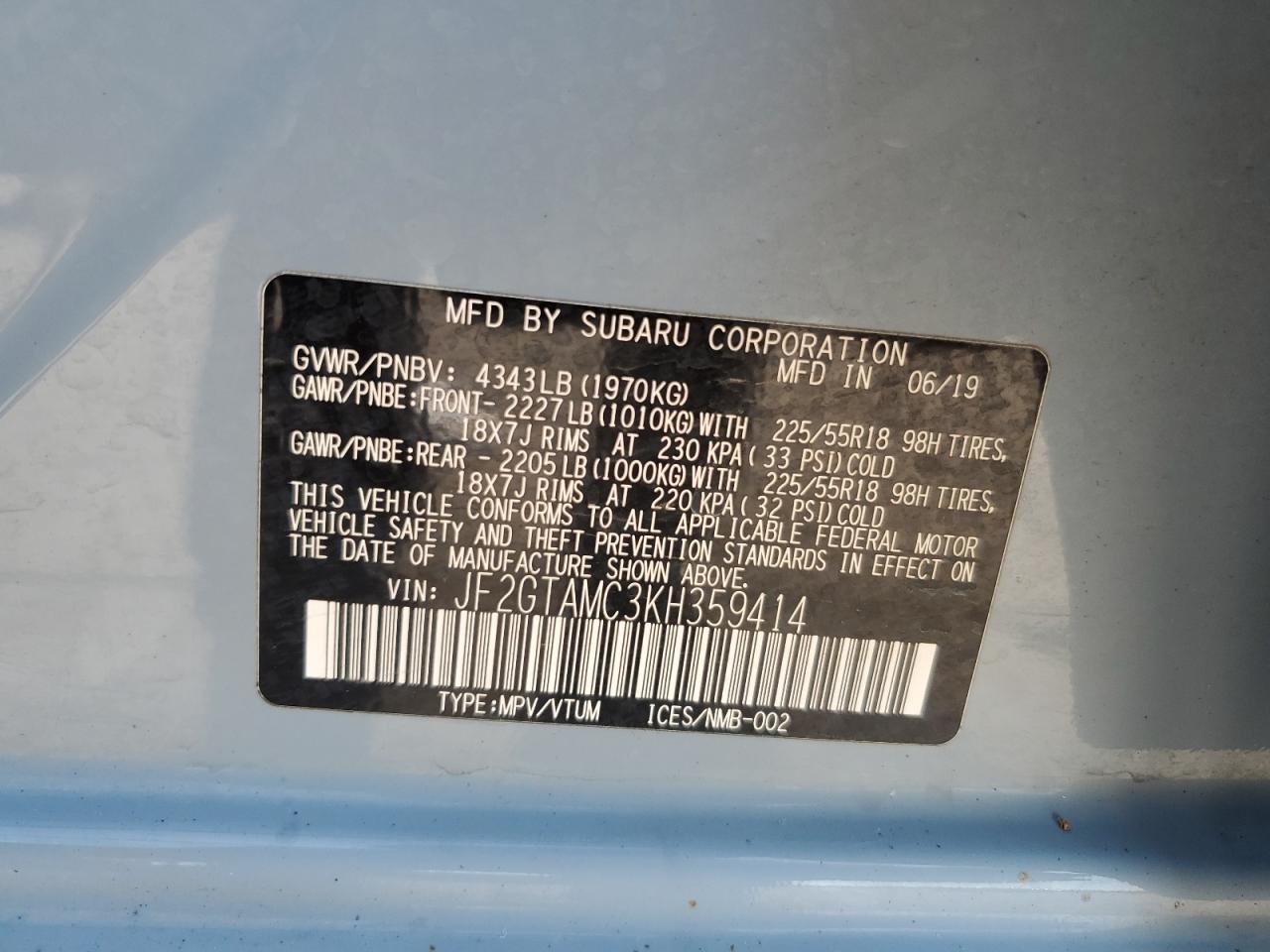 JF2GTAMC3KH359414 2019 Subaru Crosstrek Limited