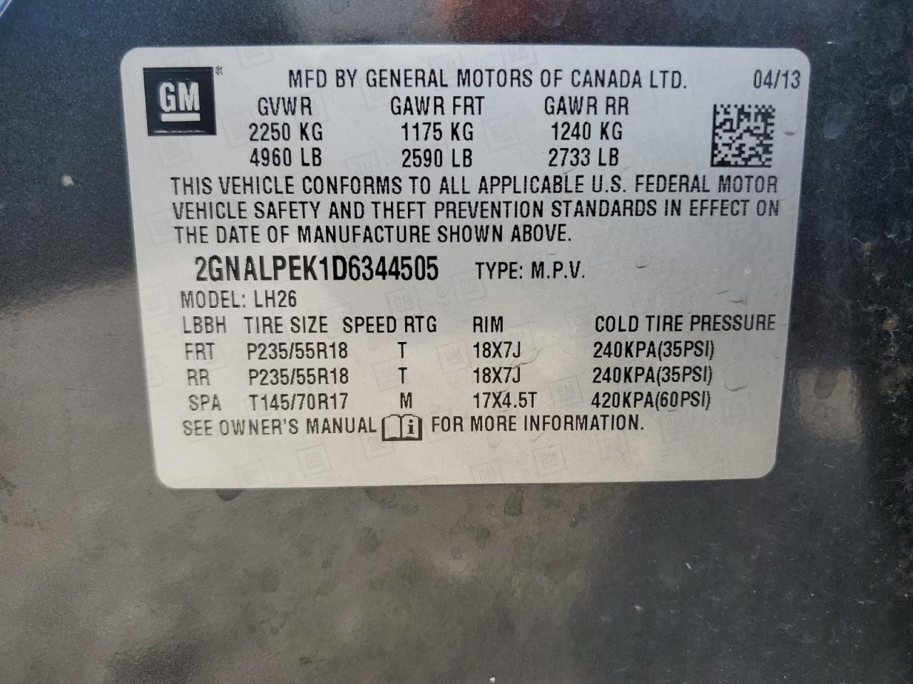 2GNALPEK1D6344505 2013 Chevrolet Equinox Lt