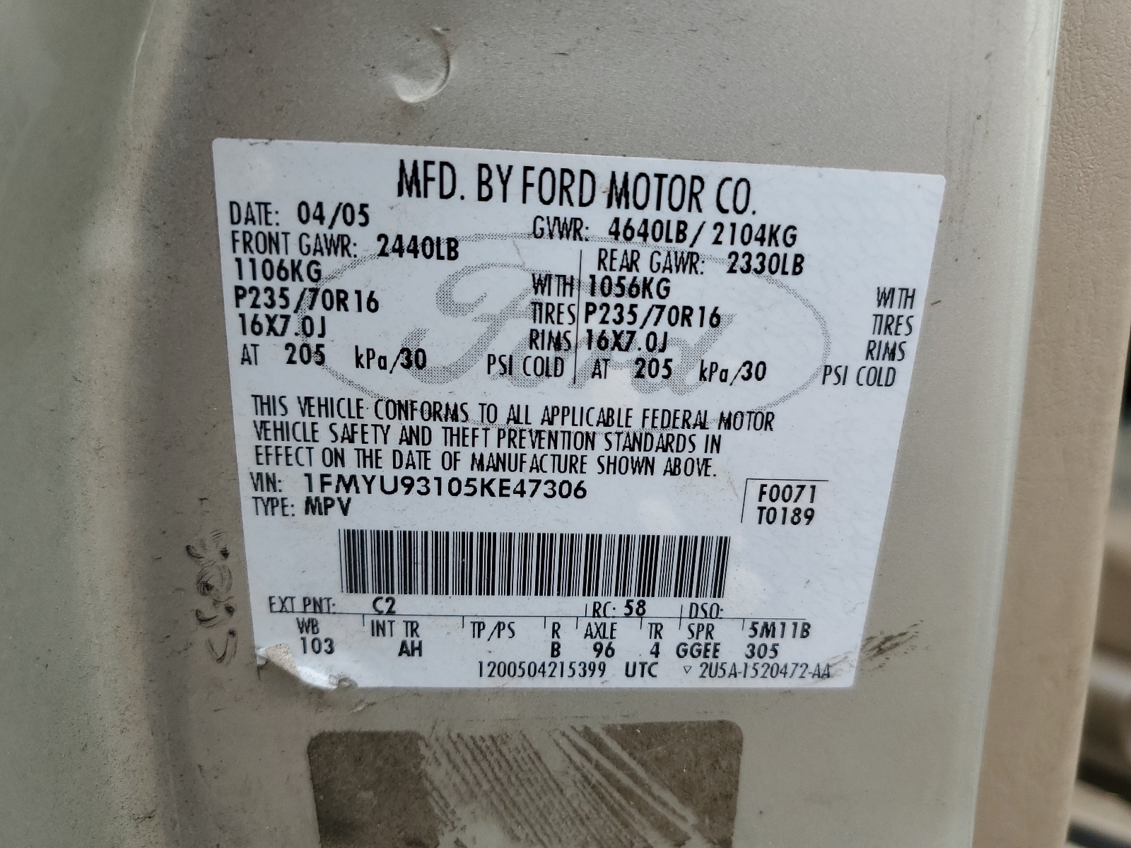 1FMYU93105KE47306 2005 Ford Escape Xlt