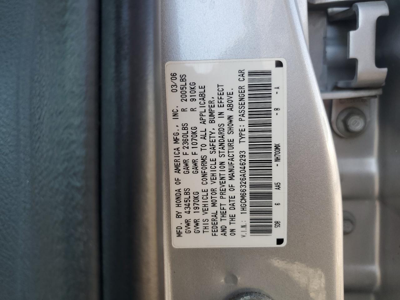 2006 Honda Accord Lx VIN: 1HGCM66326A046293 Lot: 68293374