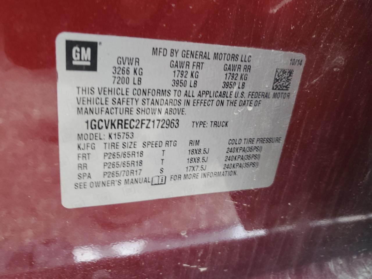 1GCVKREC2FZ172963 2015 Chevrolet Silverado K1500 Lt