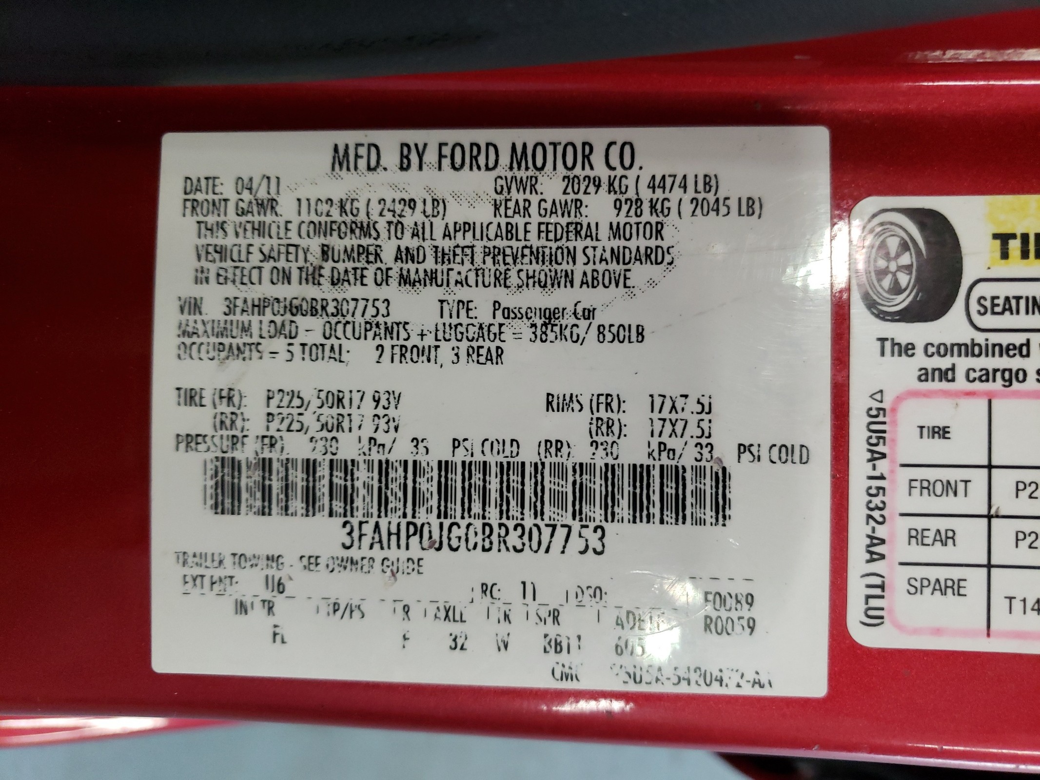 3FAHP0JG0BR307753 2011 Ford Fusion Sel