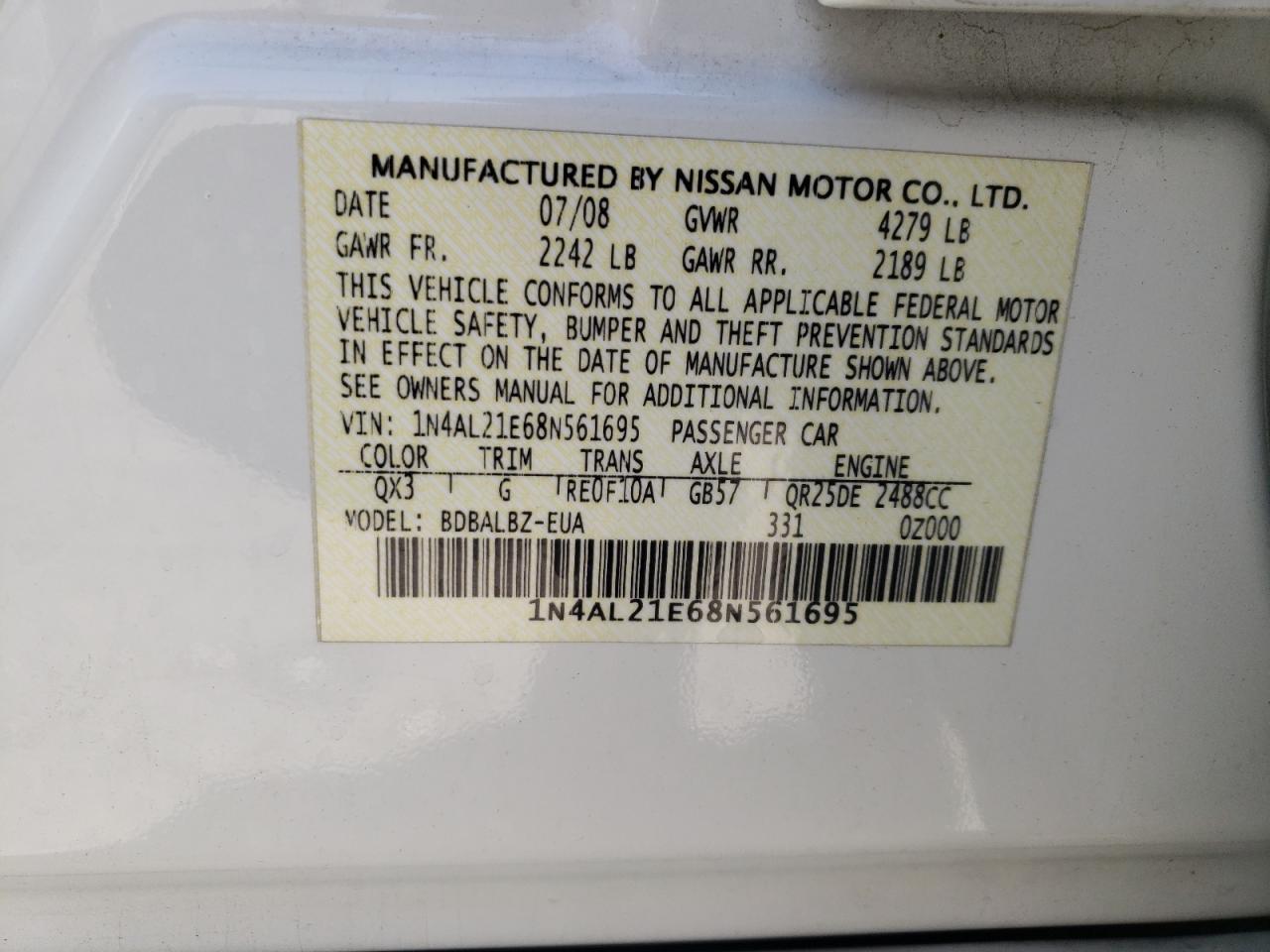 1N4AL21E68N561695 2008 Nissan Altima 2.5