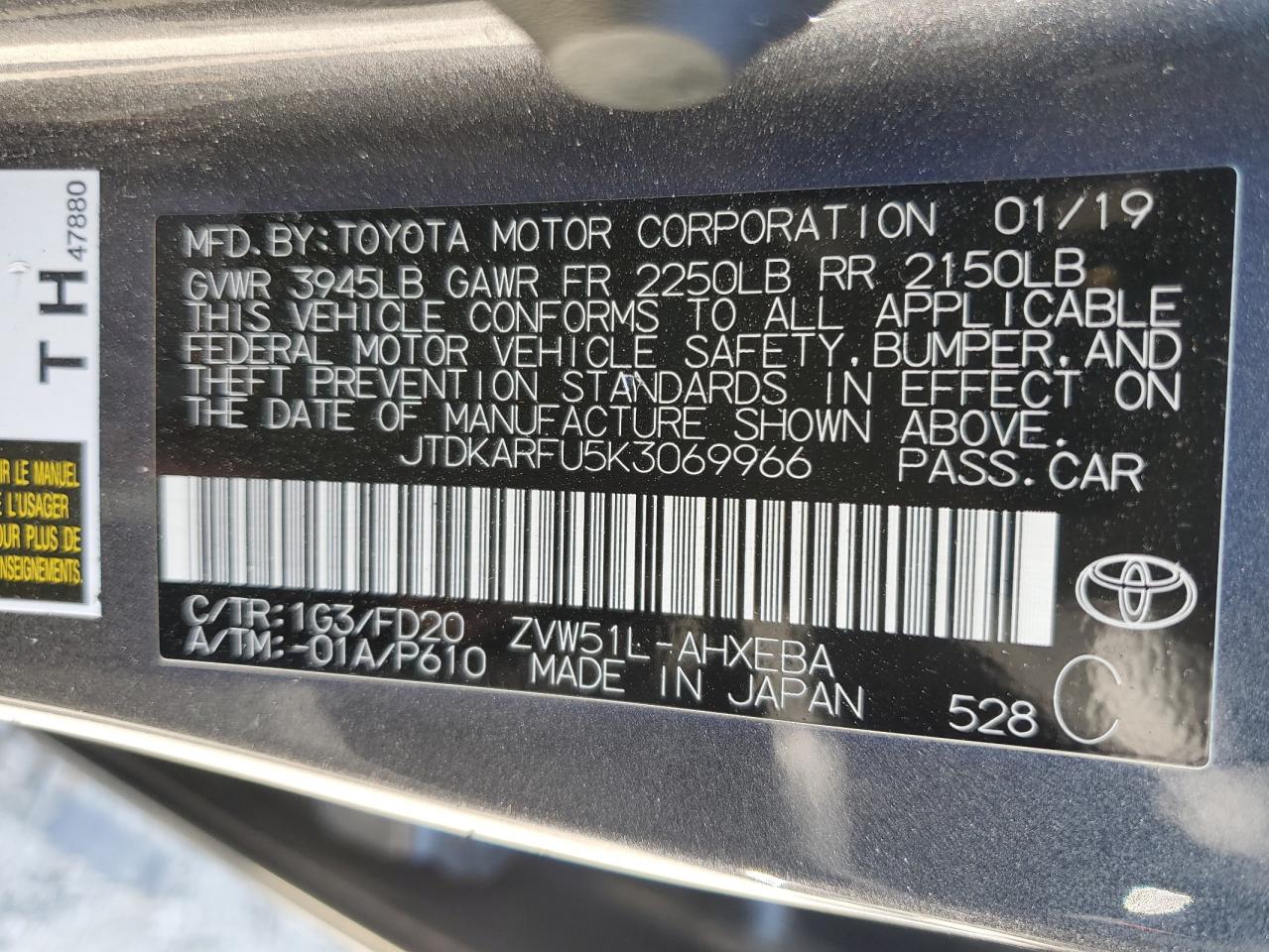 2019 Toyota Prius VIN: JTDKARFU5K3069966 Lot: 68380394