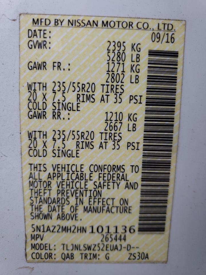 2017 Nissan Murano S VIN: 5N1AZ2MH2HN101136 Lot: 66920564