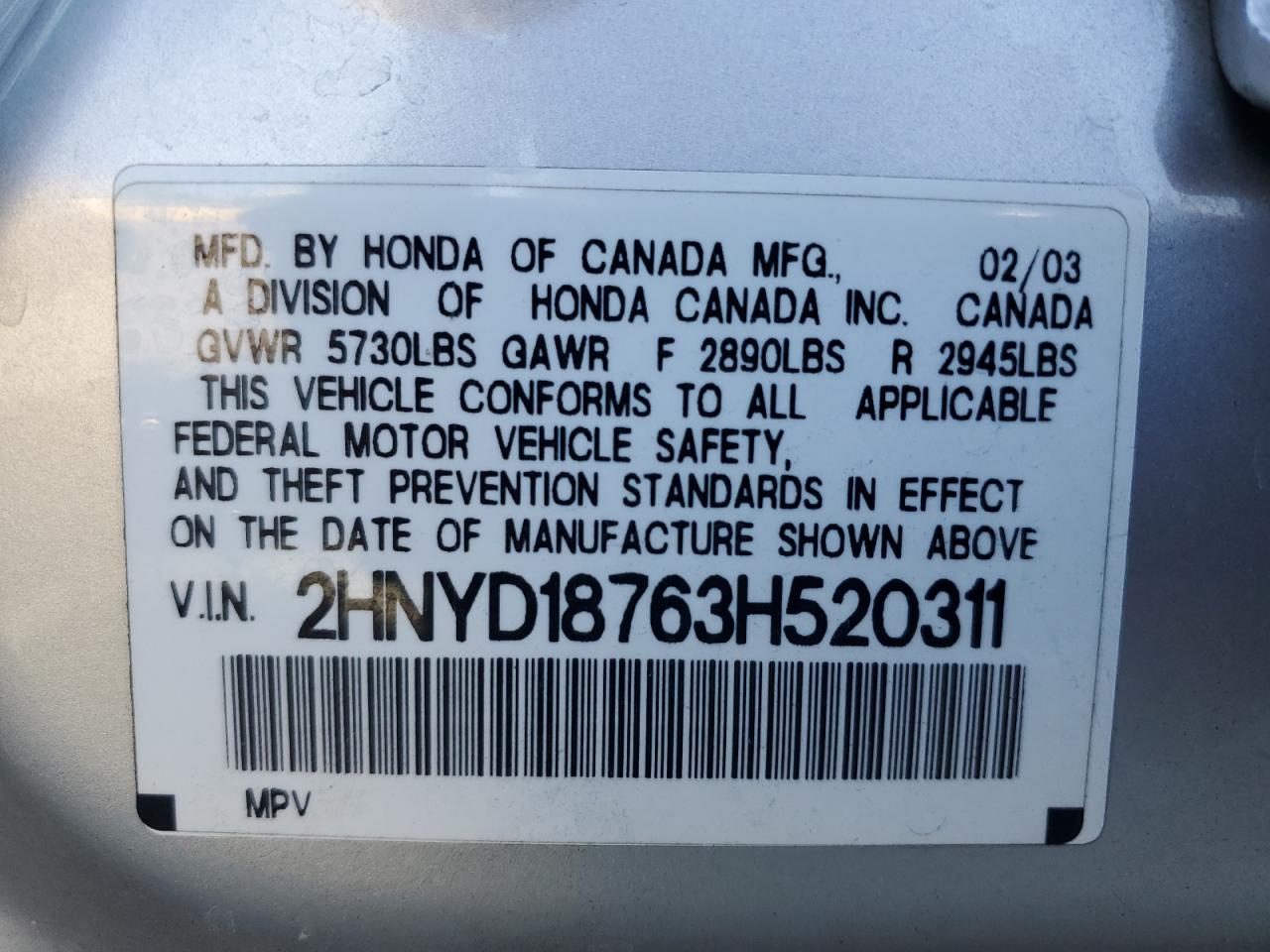 2HNYD18763H520311 2003 Acura Mdx Touring