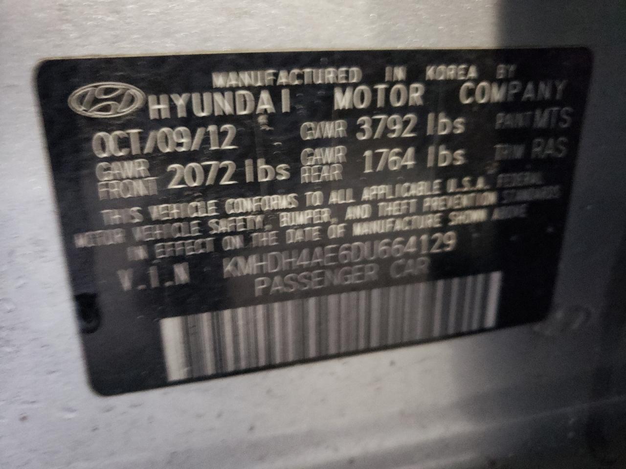 2013 Hyundai Elantra Gls VIN: KMHDH4AE6DU664129 Lot: 66227604