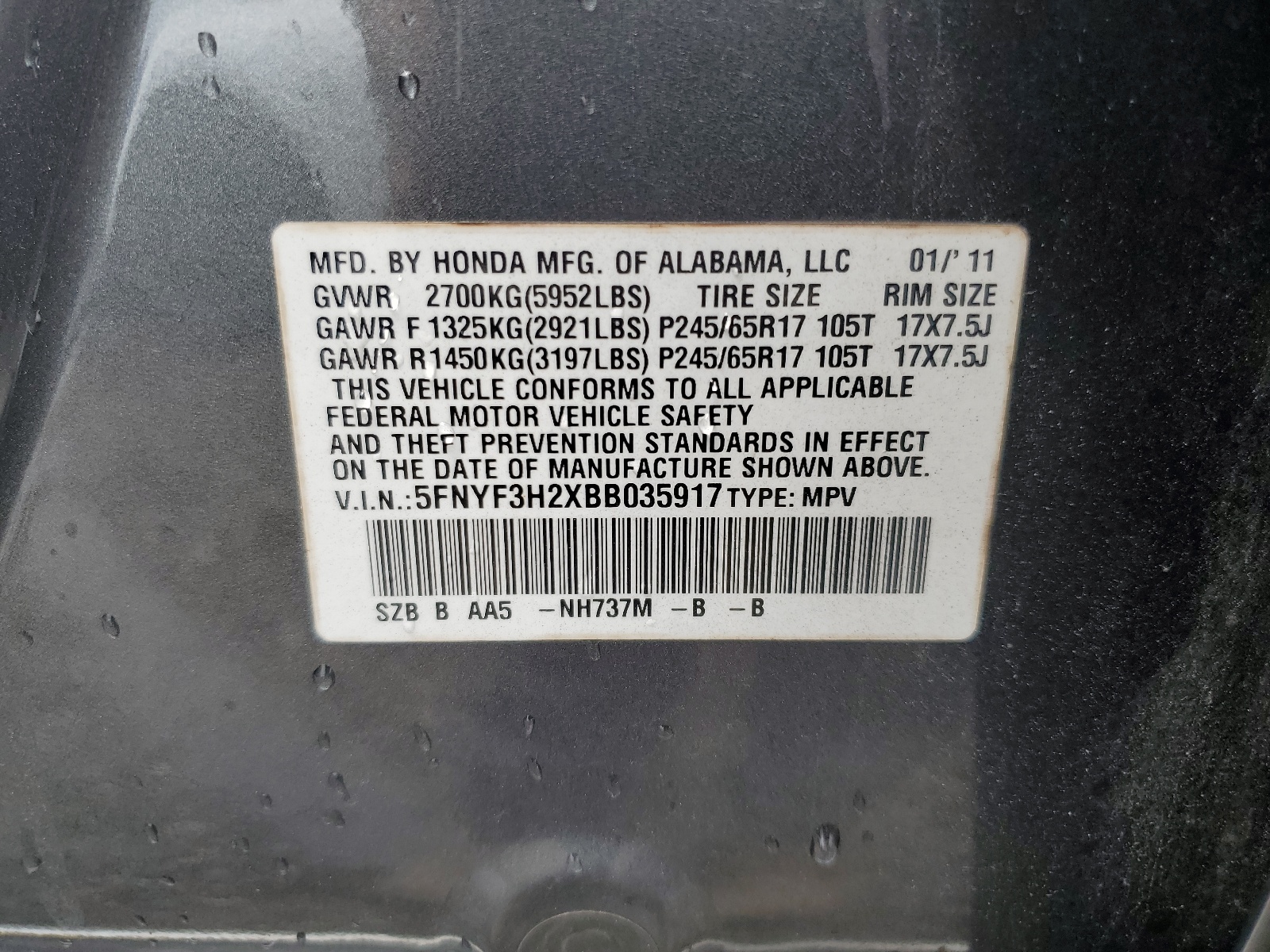 5FNYF3H2XBB035917 2011 Honda Pilot Lx