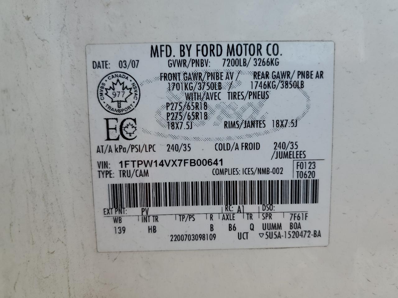 2007 Ford F150 Supercrew VIN: 1FTPW14VX7FB00641 Lot: 67856664