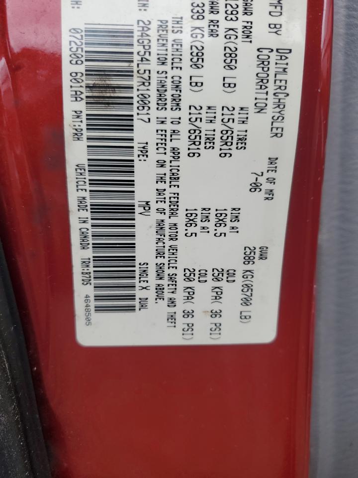 2007 Chrysler Town & Country Touring VIN: 2A4GP54L57R100617 Lot: 66693084