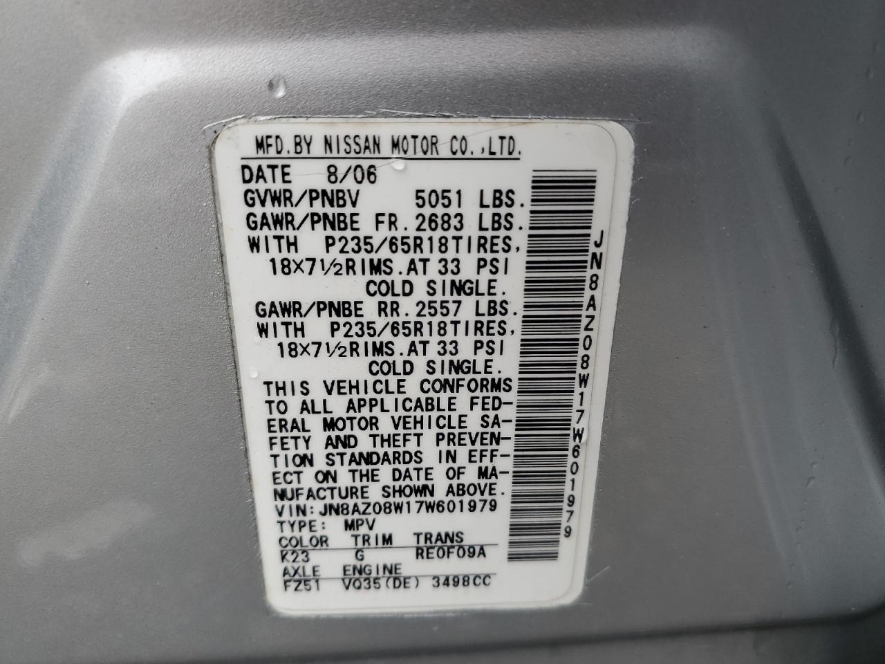 JN8AZ08W17W601979 2007 Nissan Murano Sl