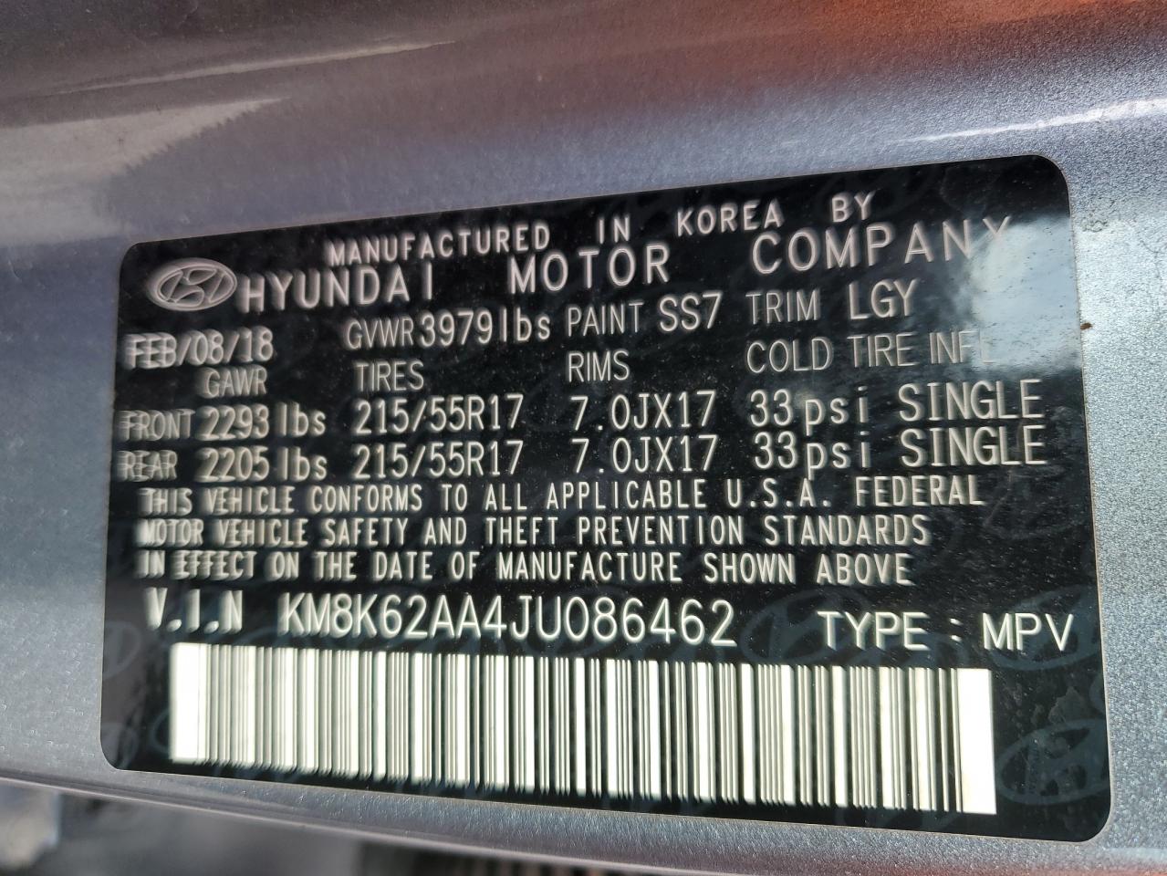 KM8K62AA4JU086462 2018 Hyundai Kona Sel