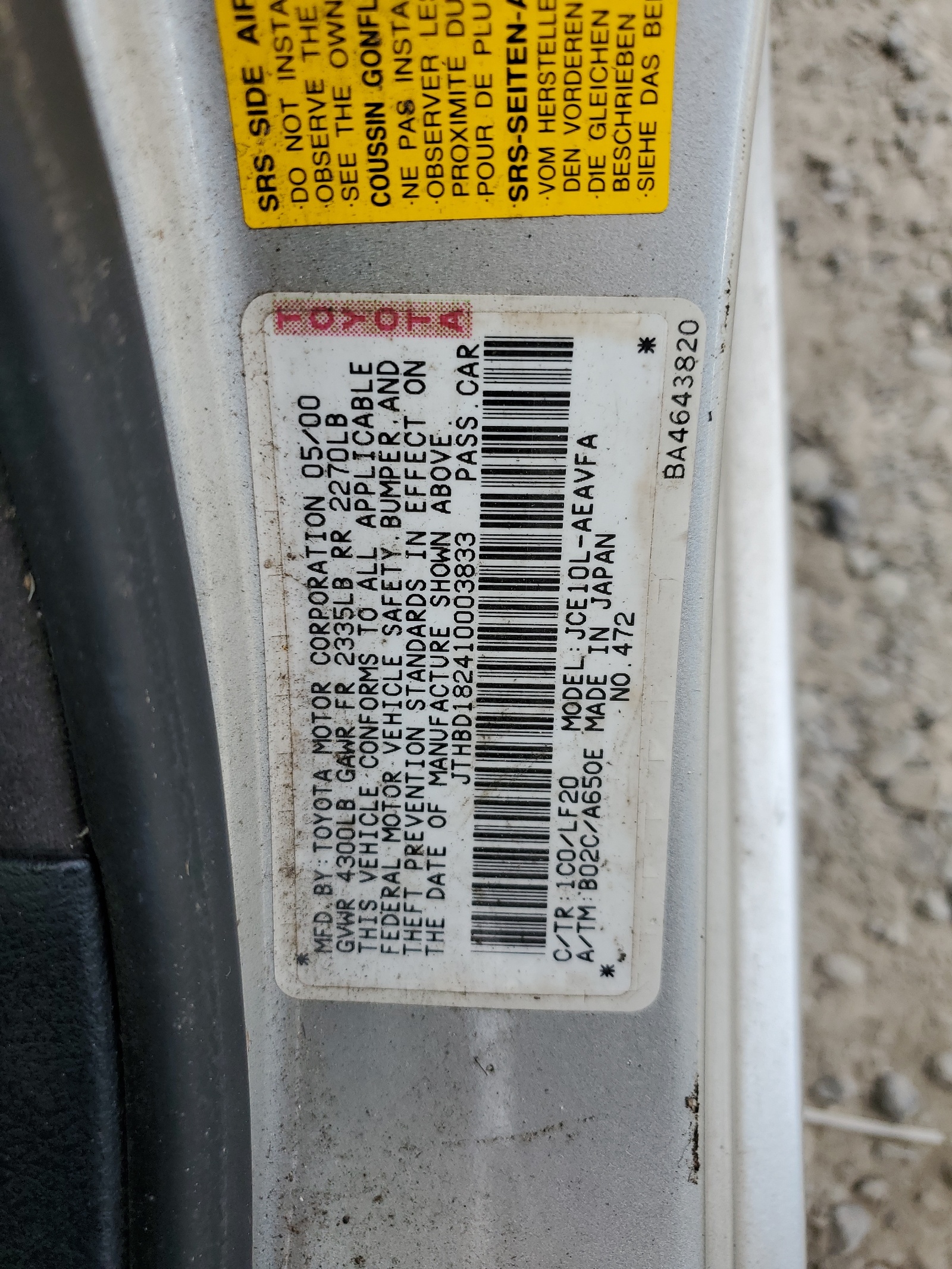 JTHBD182410003833 2001 Lexus Is 300