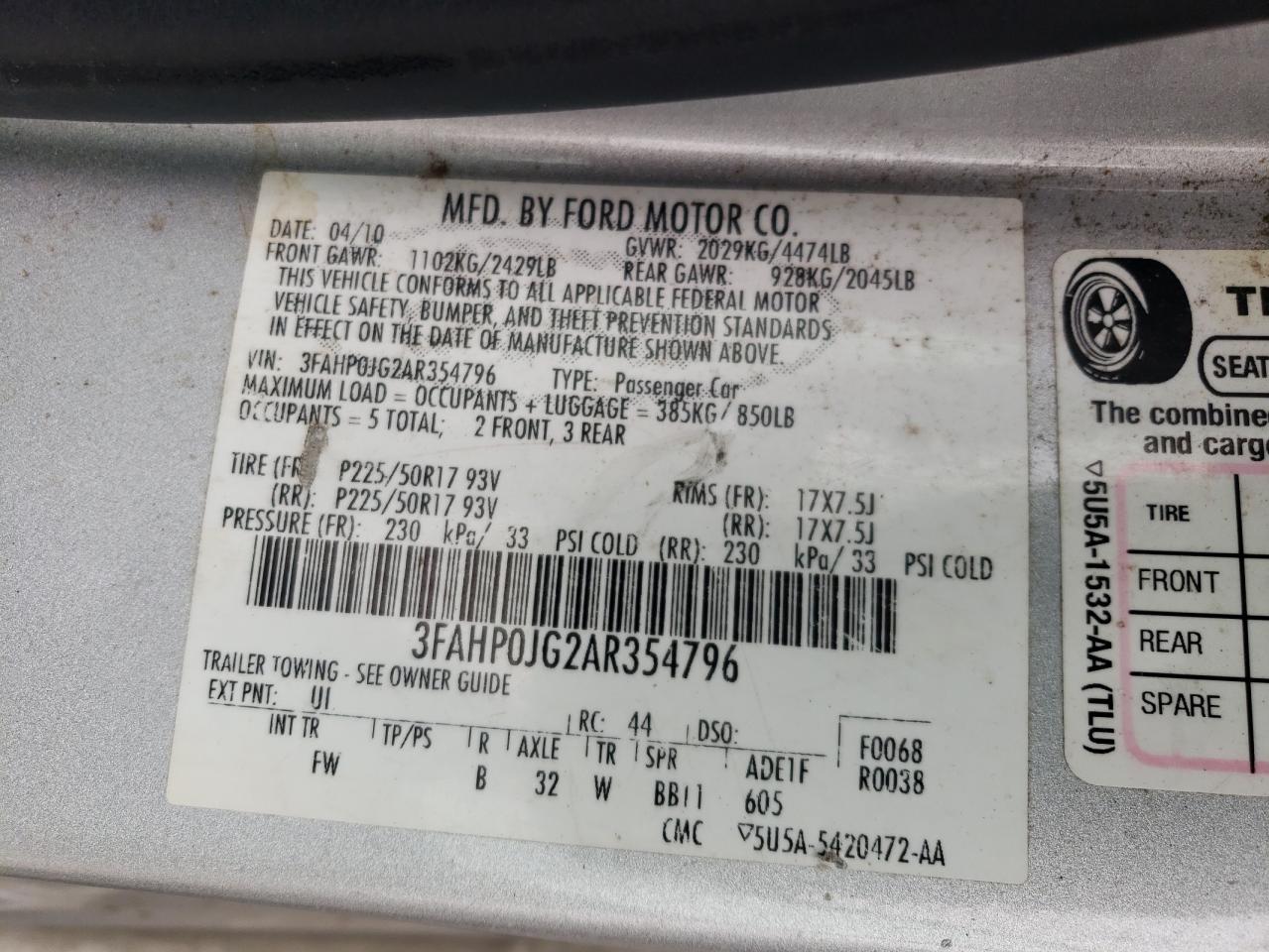 3FAHP0JG2AR354796 2010 Ford Fusion Sel