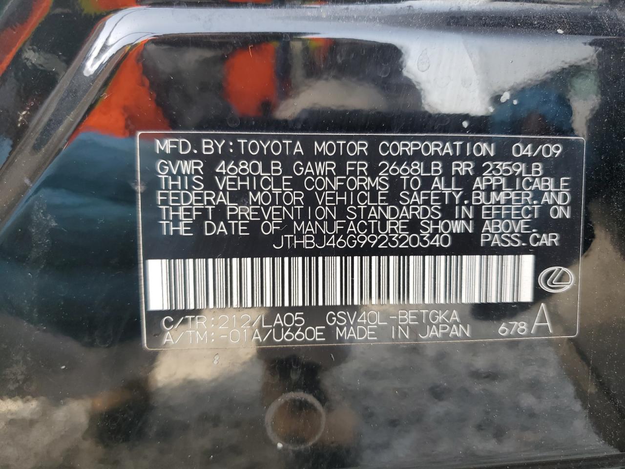 2009 Lexus Es 350 VIN: JTHBJ46G992320340 Lot: 65654384