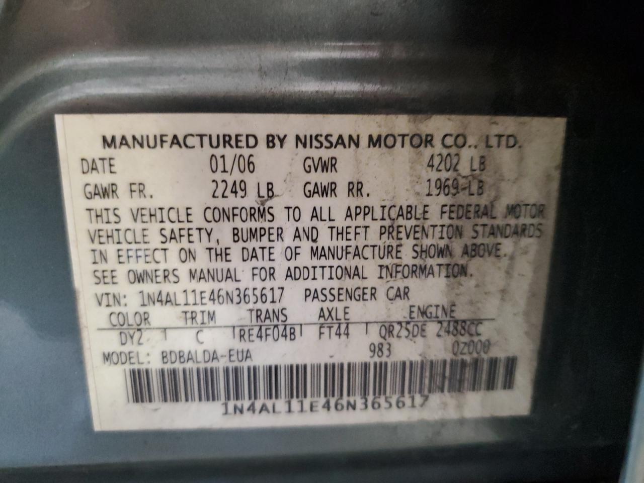 1N4AL11E46N365617 2006 Nissan Altima S