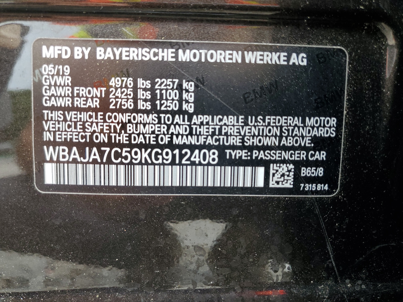 WBAJA7C59KG912408 2019 BMW 530 Xi