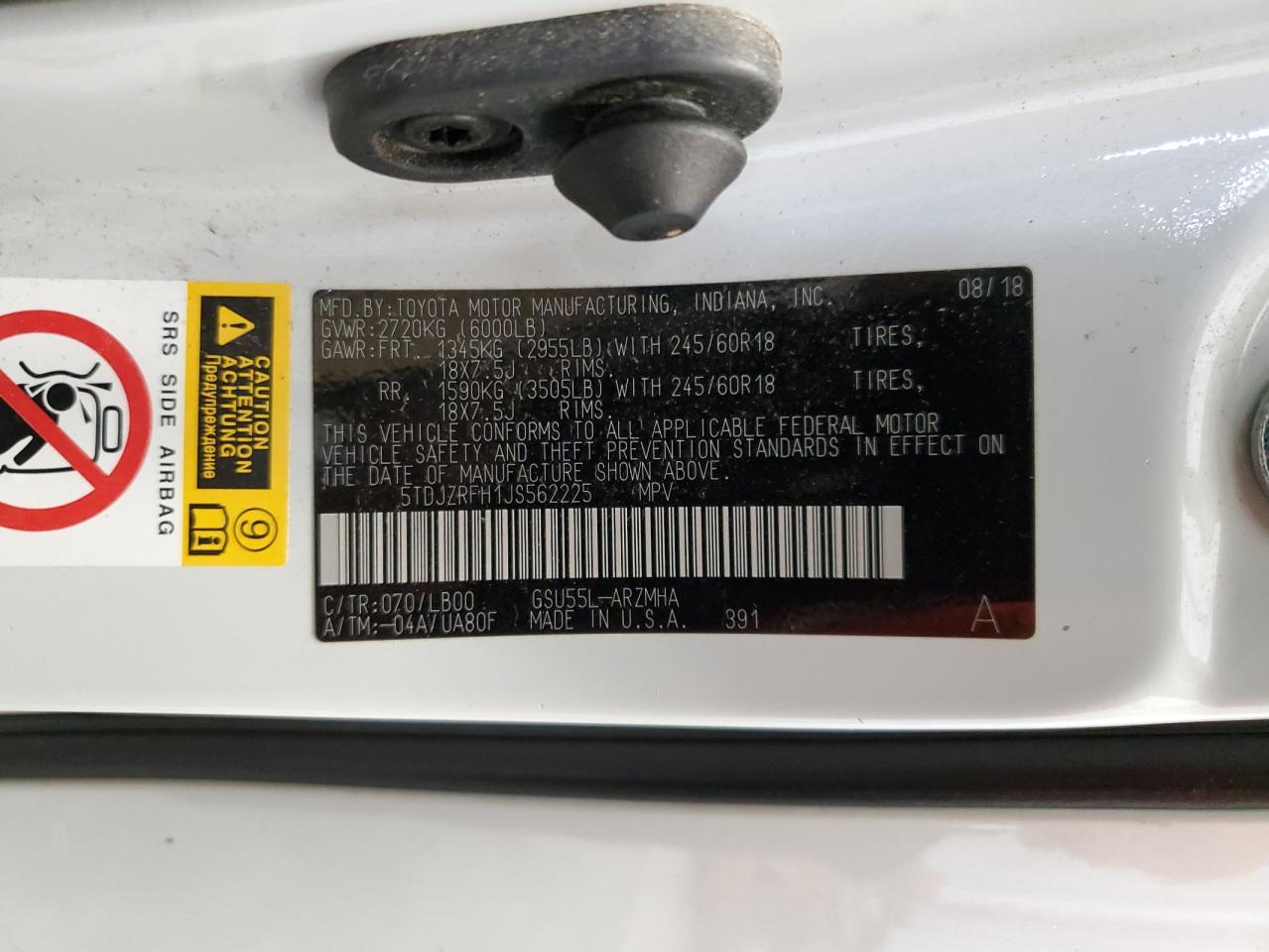 5TDJZRFH1JS562225 2018 Toyota Highlander Se