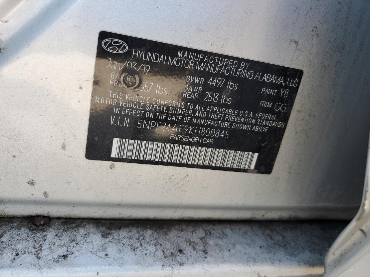 5NPE24AF9KH800845 2019 Hyundai Sonata Se