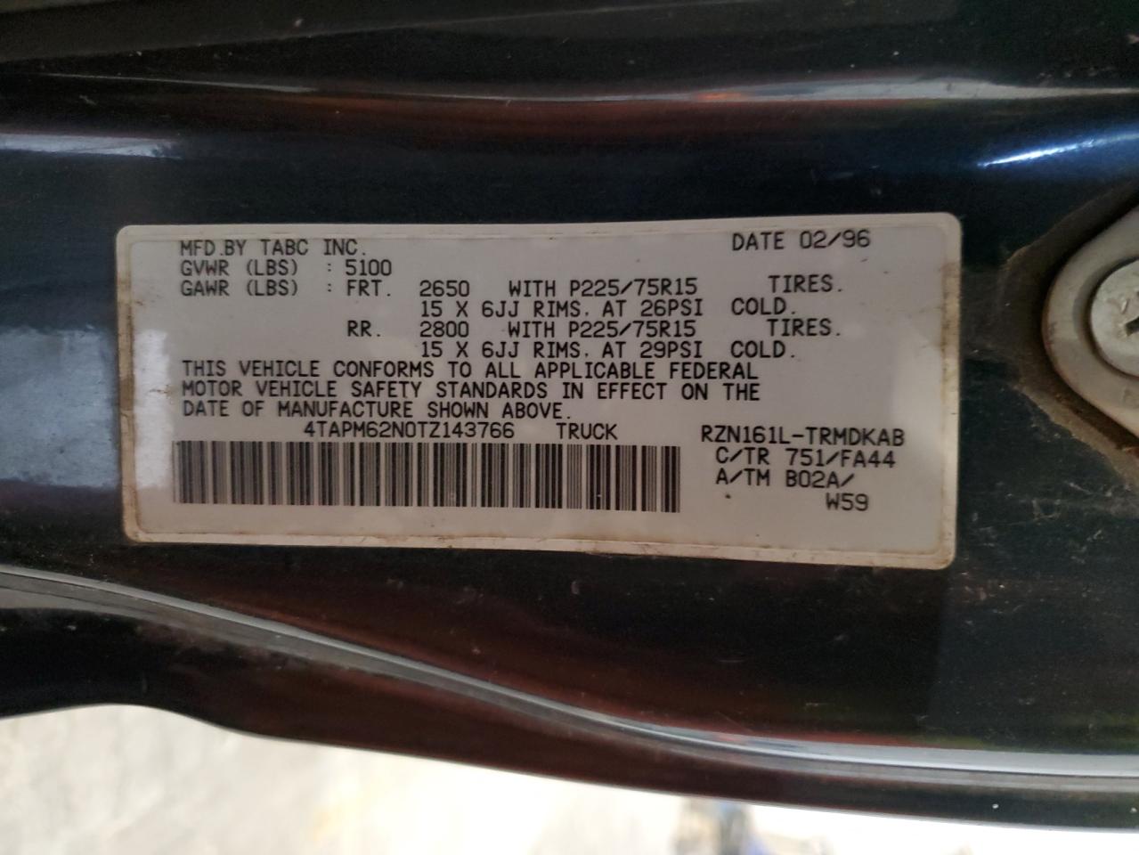 1996 Toyota Tacoma VIN: 4TAPM62N0TZ143766 Lot: 66434614