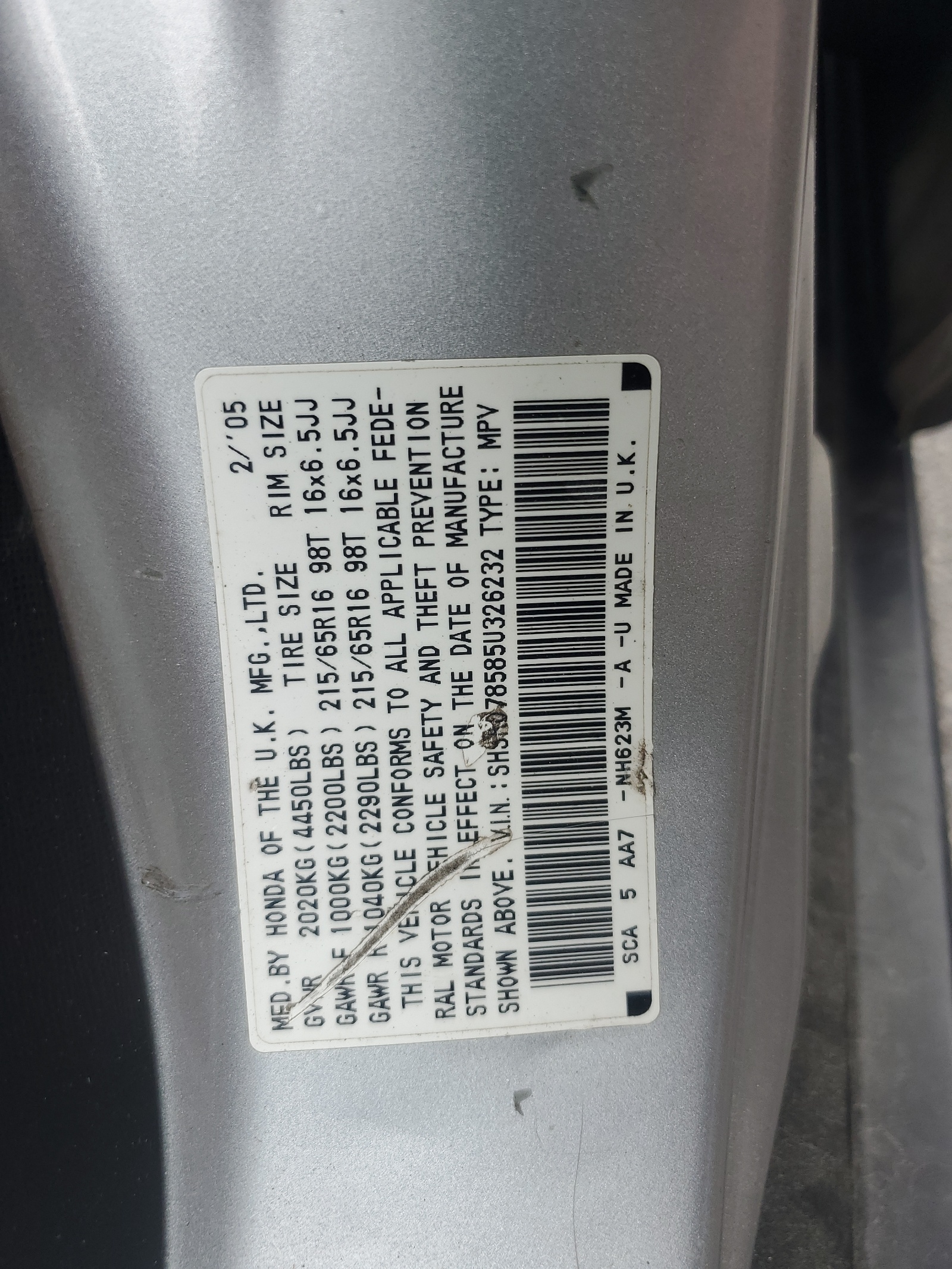 SHSRD78585U326232 2005 Honda Cr-V Lx