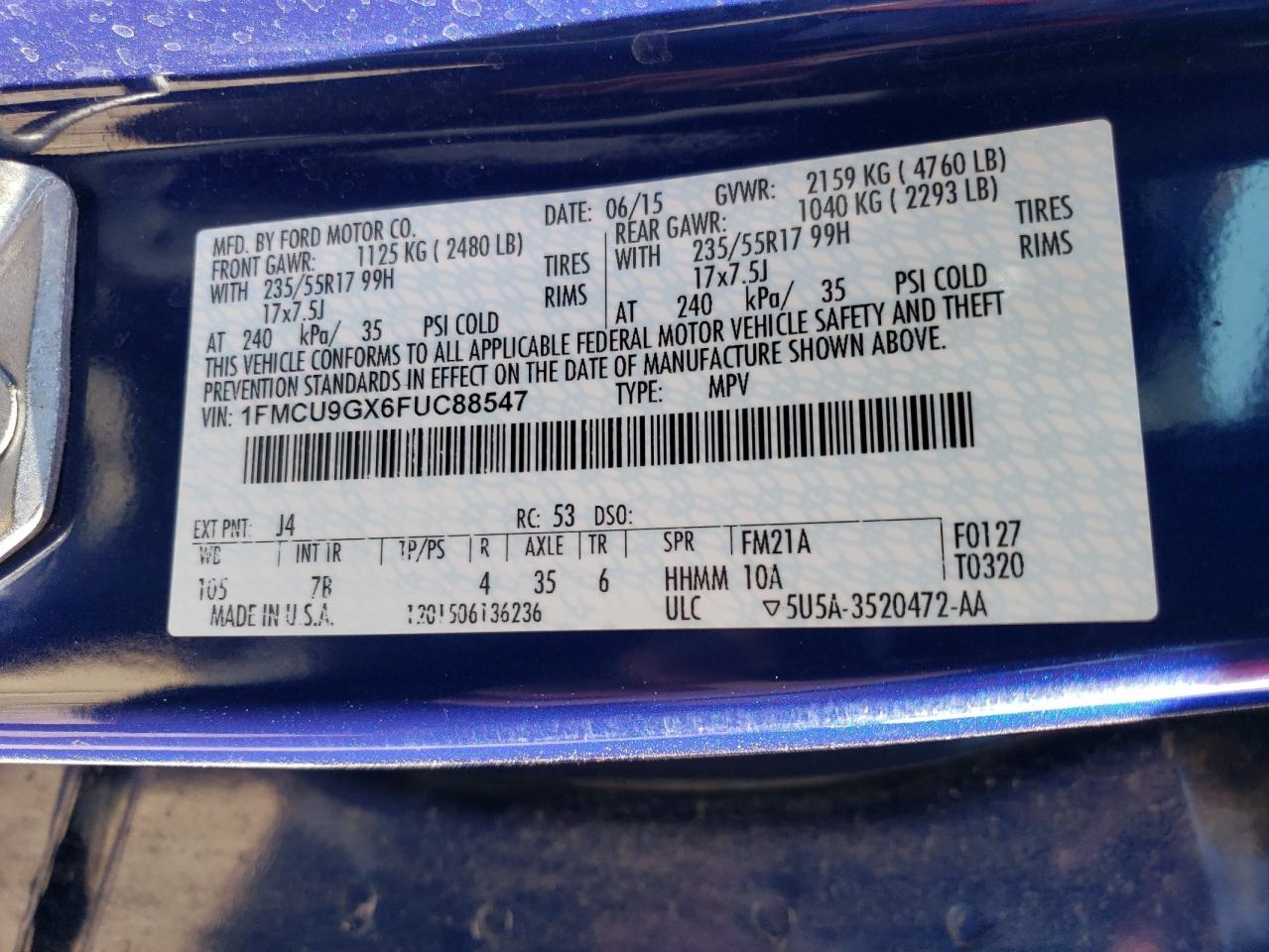 2015 Ford Escape Se VIN: 1FMCU9GX6FUC88547 Lot: 66561374