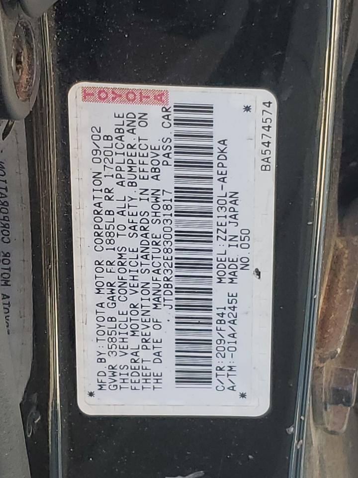 2003 Toyota Corolla Ce VIN: JTDBR32E830031817 Lot: 68827904