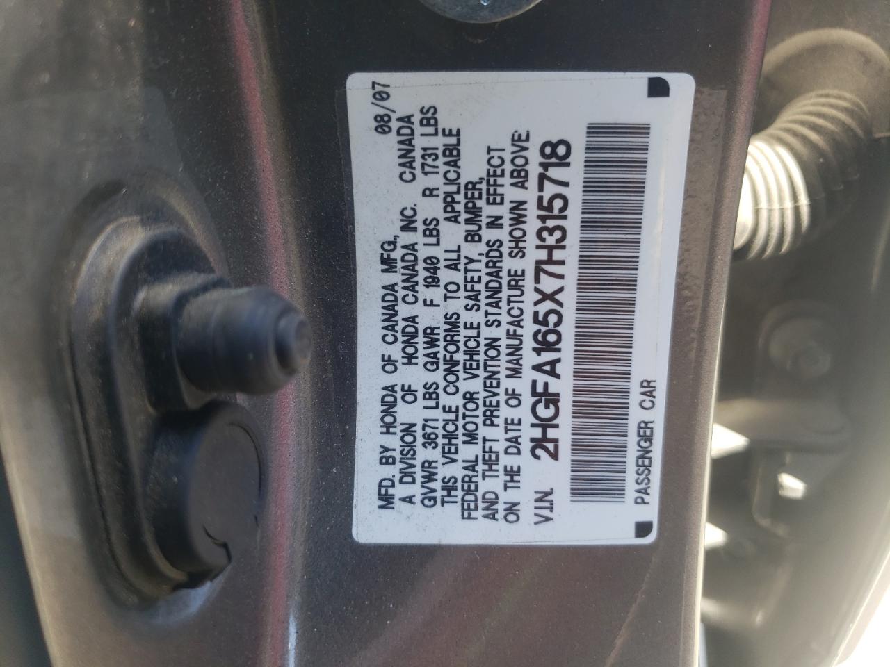 2007 Honda Civic Lx VIN: 2HGFA165X7H315718 Lot: 67795934