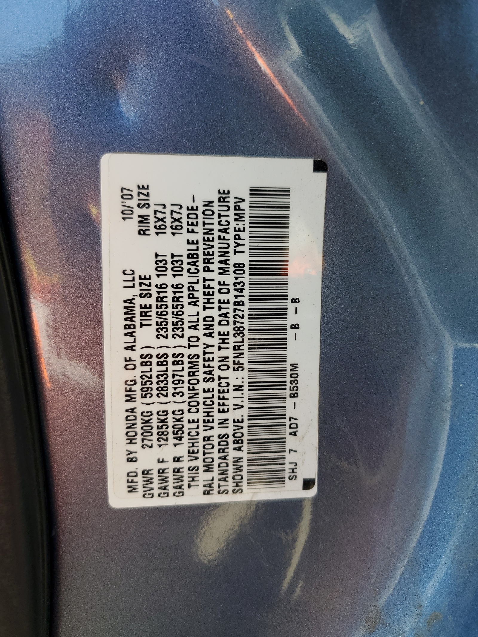 5FNRL38727B143108 2007 Honda Odyssey Exl