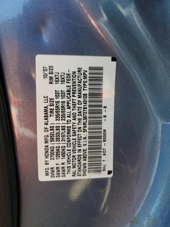 2007 Honda Odyssey Exl VIN: 5FNRL38727B143108 Lot: 65823494