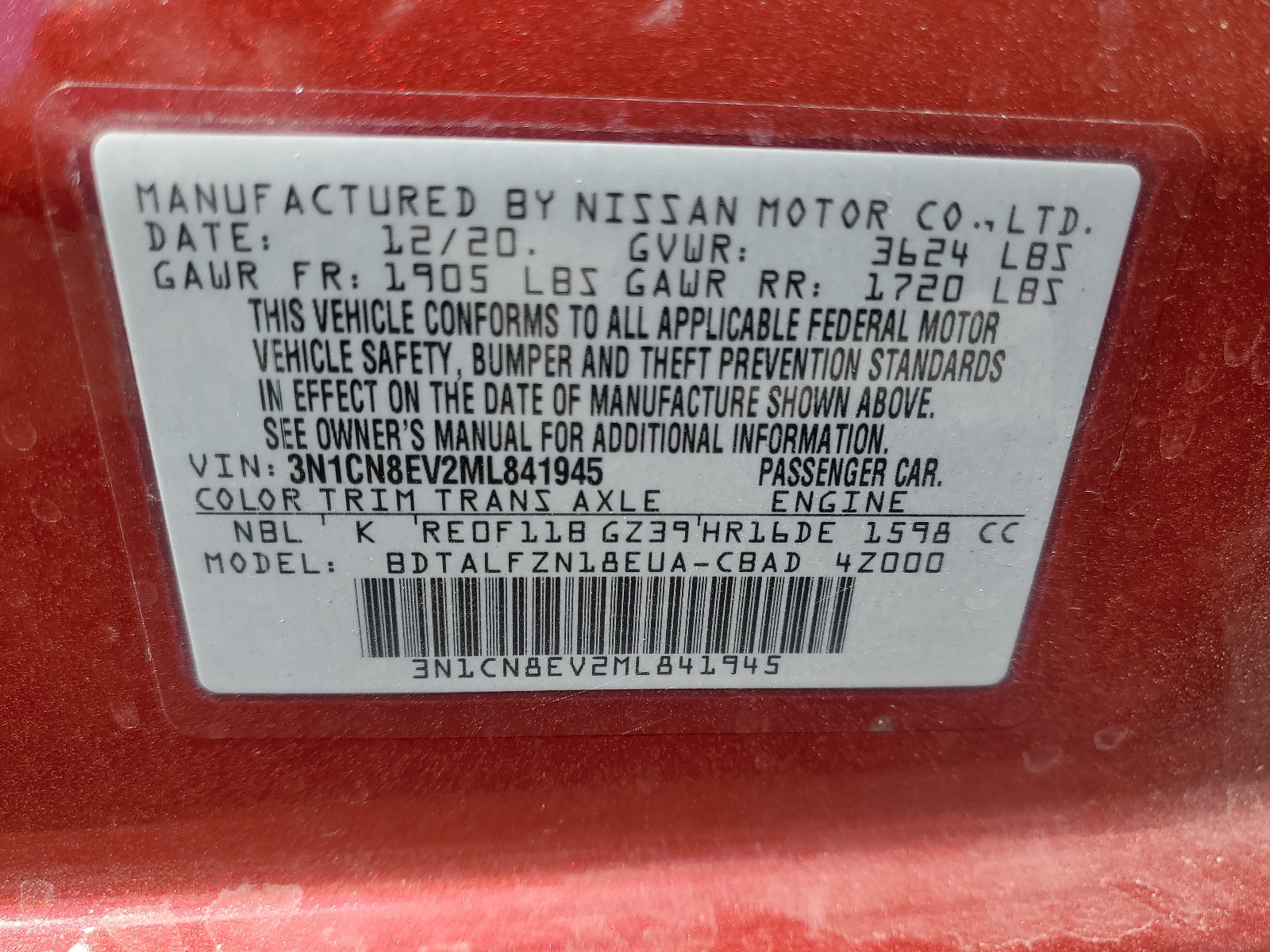 3N1CN8EV2ML841945 2021 Nissan Versa Sv