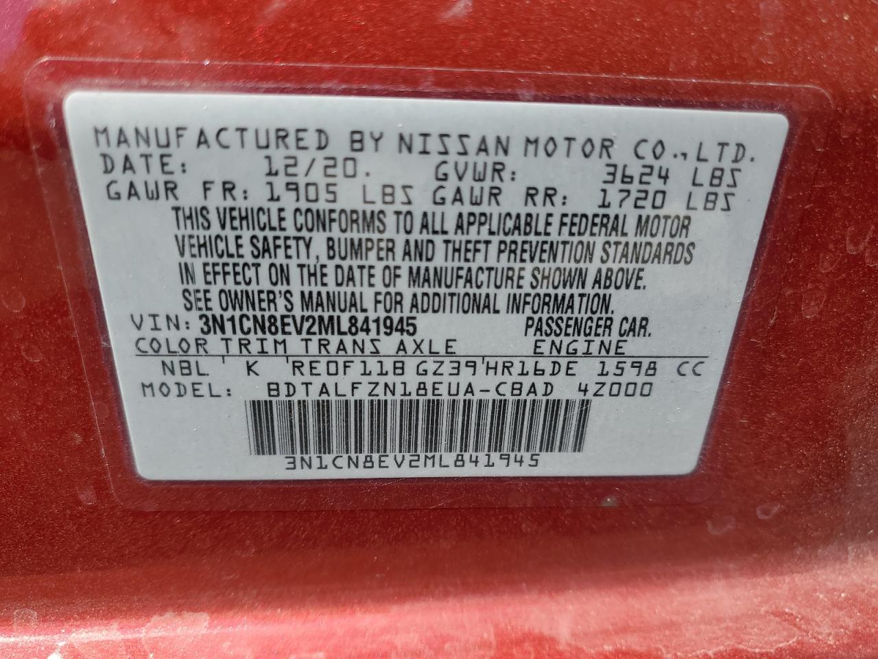 2021 Nissan Versa Sv VIN: 3N1CN8EV2ML841945 Lot: 67148924