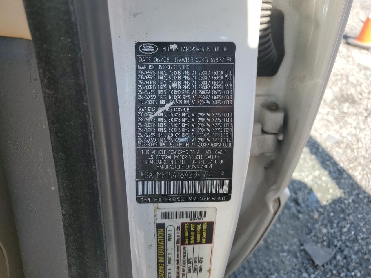 2008 Land Rover Range Rover Hse VIN: SALME15418A294558 Lot: 68636854