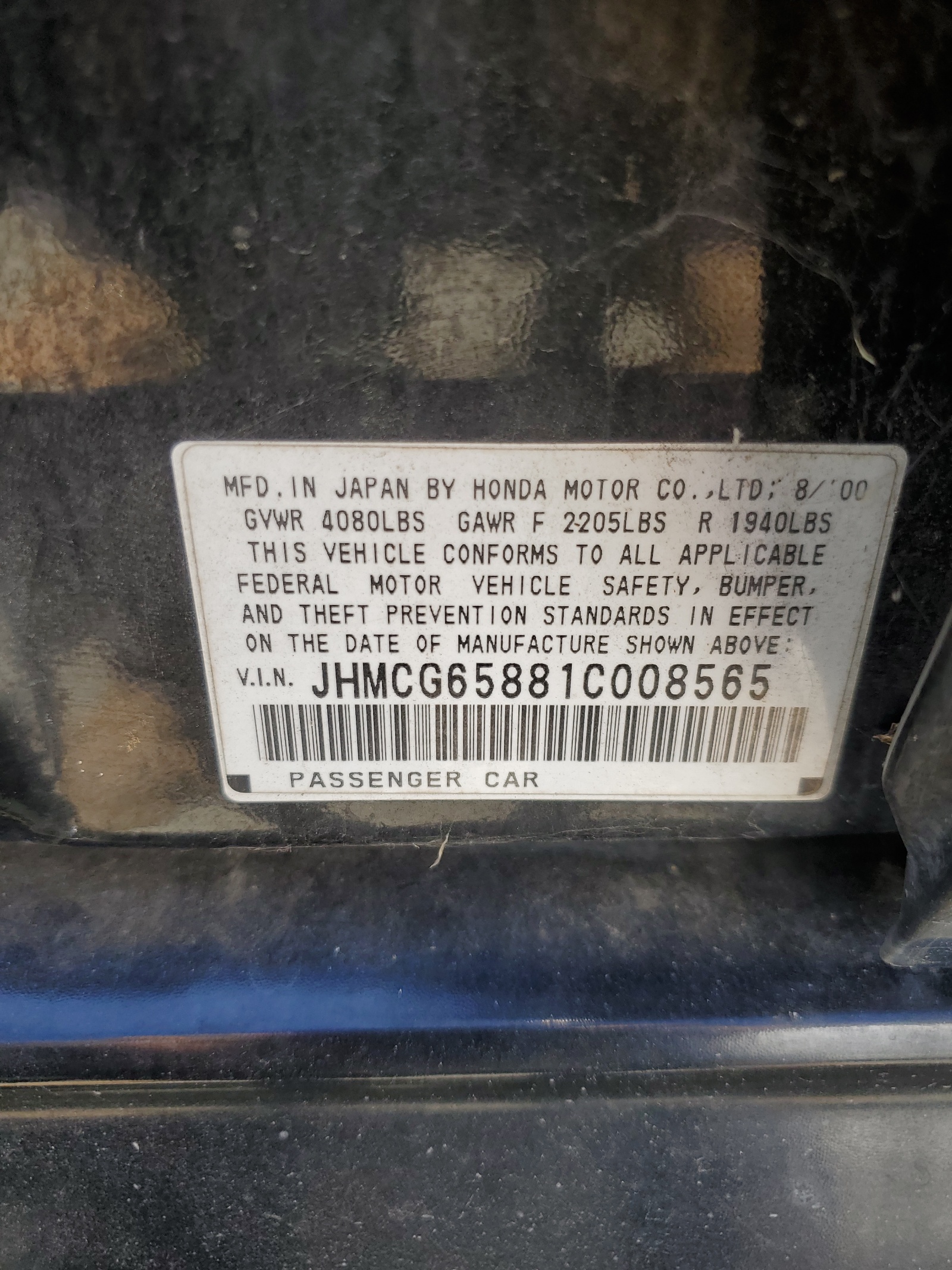 JHMCG65881C008565 2001 Honda Accord Ex