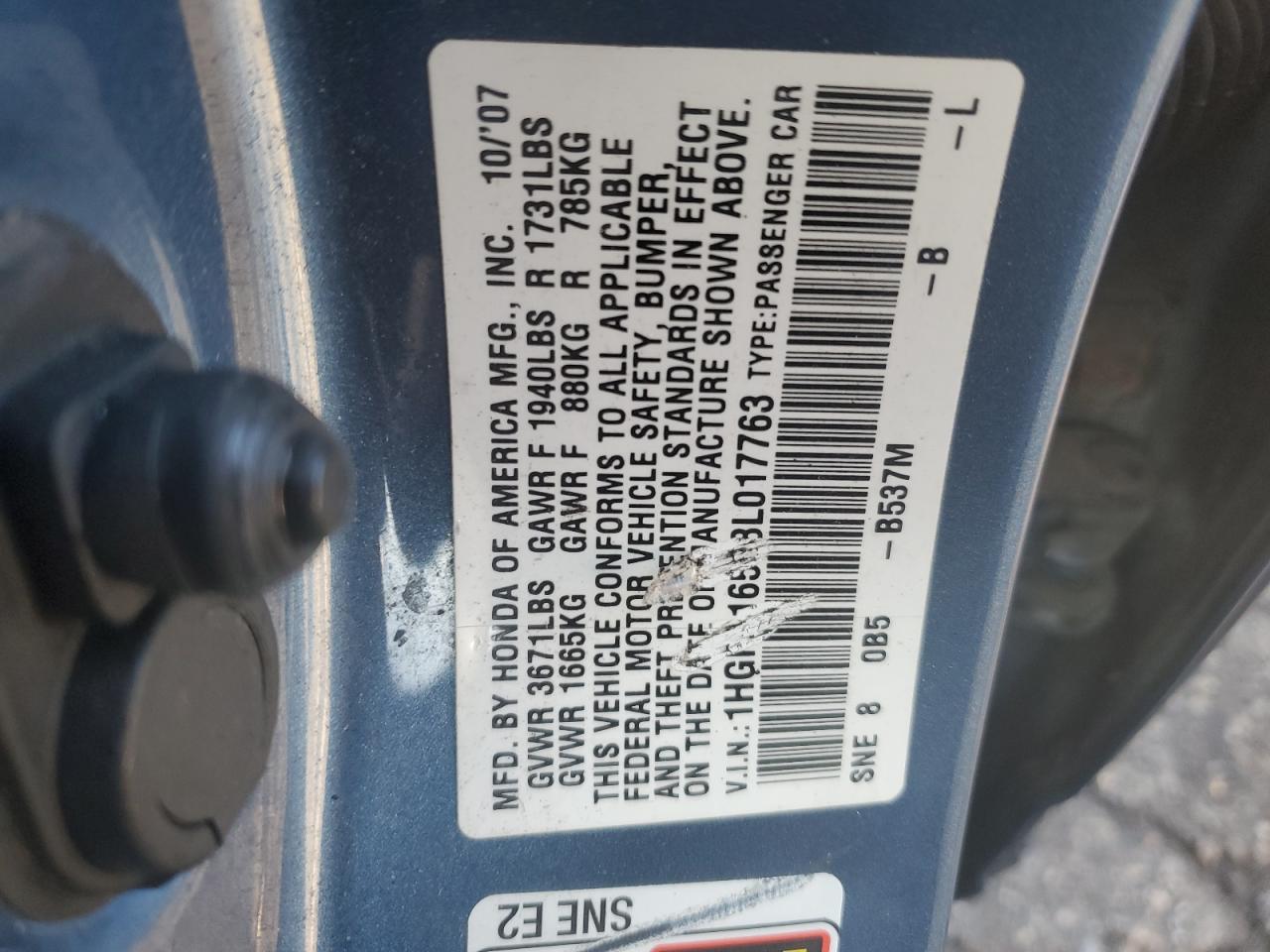 2008 Honda Civic Lx VIN: 1HGFA16598L017763 Lot: 66279544