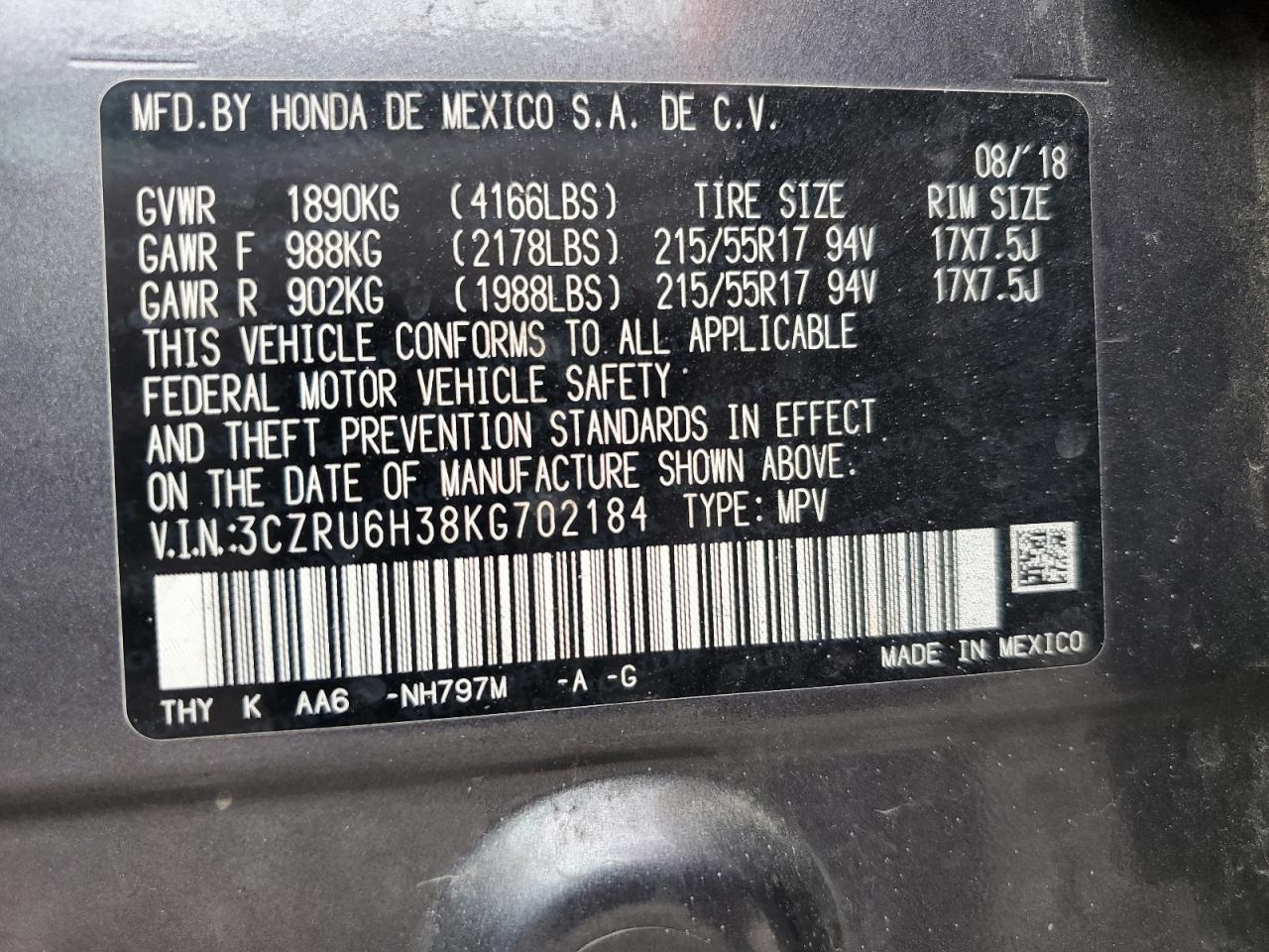 2019 Honda Hr-V Lx VIN: 3CZRU6H38KG702184 Lot: 67531434