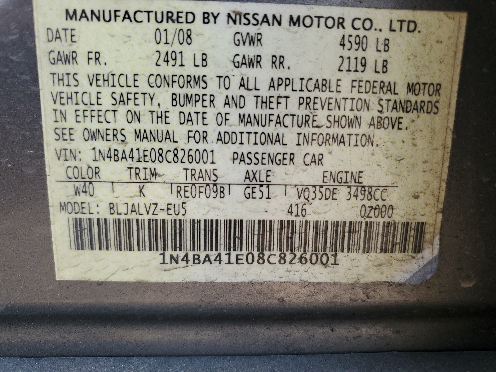 1N4BA41E08C826001 2008 Nissan Maxima Se