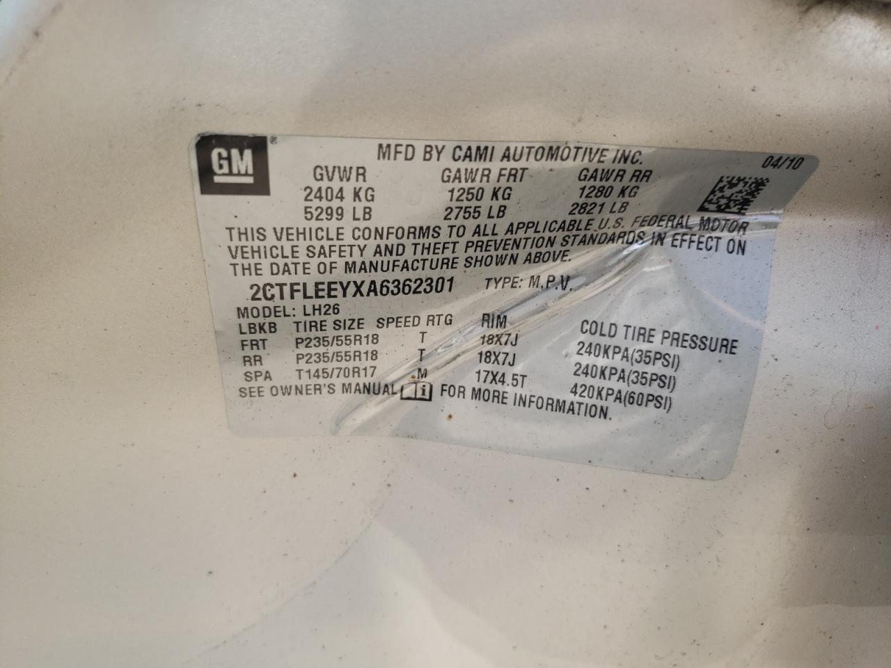 2010 GMC Terrain Sle VIN: 2CTFLEEYXA6362301 Lot: 67165564