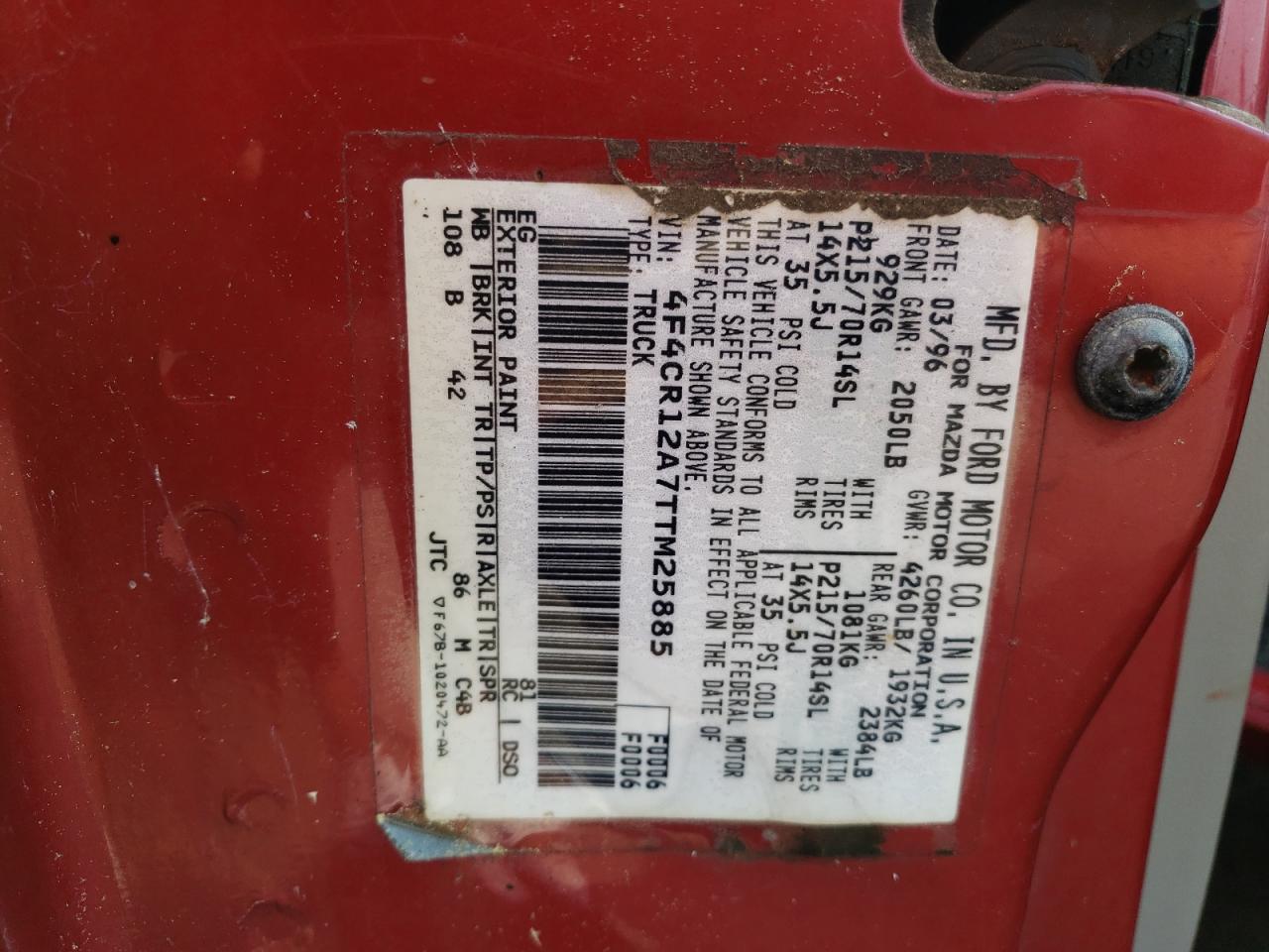 1996 Mazda B2300 VIN: 4F4CR12A7TTM25885 Lot: 66886314